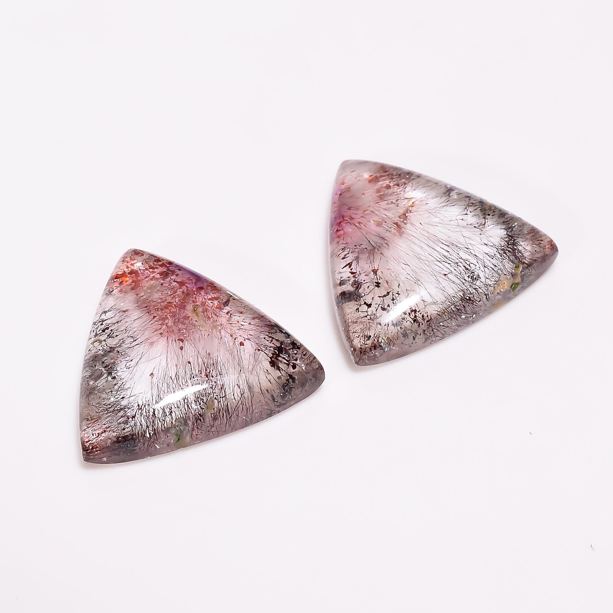 elestial quartz with lepidocrocite and amethyst triangle shape cabochon natural gemstone pair